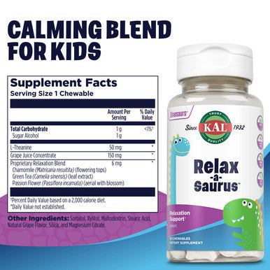 KAL Relax-a-Saurus, Stress Support Supplement for Kids, L-Theanine for Children with Herbal Stress Relief & Relaxation & Blend, Delicious Natural Grape Flavor, 60-Day , 30 Chewables
