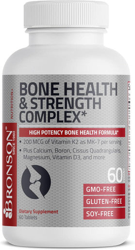 Bronson Bone Health & Strength Complex High Potency Formula 200 Mcg Of Vitamin K2 As Mk7, Plus Calcium, Boron, Cissus Quadrangularis, Magnesium, Vitamin D3, And More - Non-Gmo, 60 Tablets