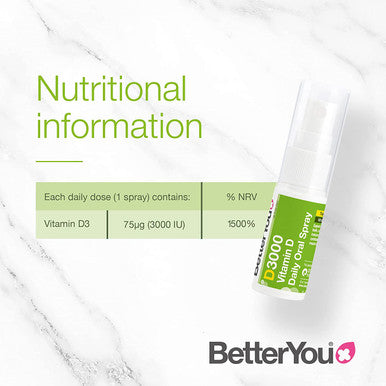 BetterYou Vitamin D3 Spray Liquid Immune Support Supplement, 3000 IU Strength per Single Spray, 0.507 Fl Ounce (100 Sprays), Peppermint Flavour