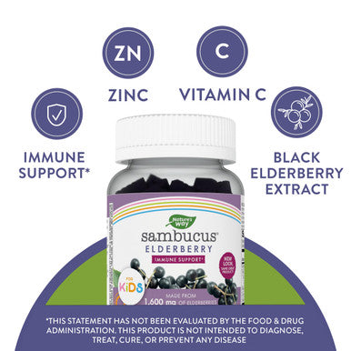 Nature'S Way Sambucus Elderberry Immune Gummies For Kids, Immune Support Gummies*, With Black Elderberry Extract, Vitamin C And Zinc, 60 Gummies (Packaging May Vary)