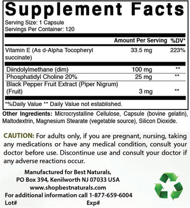 Best Naturals DIM Supplement 100 mg 120 Capsules DIM for Estrogen Metabolism & Balance For Menopause Body Building PCOS & Hormonal Acne