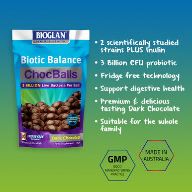Bioglan Biotic Balance Dark Choc Balls, 3 Billion CFU Probiotic, live cultures wrapped in delicious dark chocolate, contains Lactobacillus Rosell, Bifodobacterium Rosell, & Inulin. 30 balls