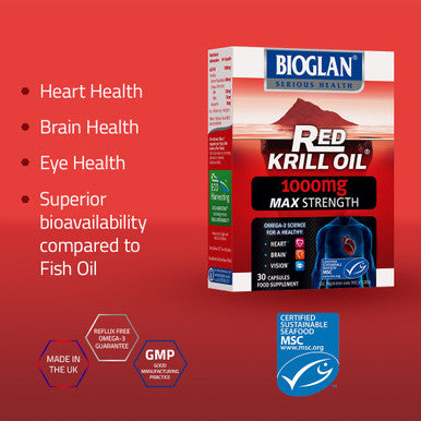 Bioglan Red Krill Oil Max Strength 1000 mg, high in Omega-3 Fish Oil, EPA & DHA help to support your Heart, Eye and Brain health, one month supply 30 capsules