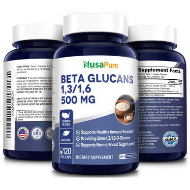 NusaPure Beta Glucans 500 mg | 120 Veggie Capsules | Beta 1,3, 1,6 D Glucan | Non-GMO, Gluten -Free, Vegan