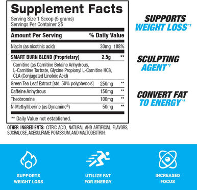 BPI Sports Smart burn Weight Loss, Burn Fat, Energy Carnitine, Cla, Green Tea, Caffeine, Theobromine, Dynamine for Men & Women No Artificial Colors Fruit Punch 25 Servings 4.4 oz