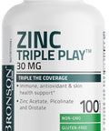 Bronson Zinc Triple Play 30 Mg Triple Coverage Immune Support Zinc Supplement With Zinc Acetate, Picolinate & Orotate - Immune, Antioxidant & Skin Health Support - 100 Vegetarian Capsules