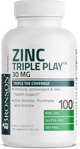 Bronson Zinc Triple Play 30 Mg Triple Coverage Immune Support Zinc Supplement With Zinc Acetate, Picolinate & Orotate - Immune, Antioxidant & Skin Health Support - 100 Vegetarian Capsules