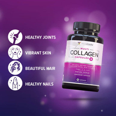 Multi Collagen Pills with Hyaluronic Acid Vitamin C 5 Type Hydrolyzed Collagen Protein Peptides Types I II III V X 30 Servings 90 Capsules