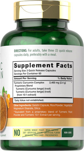 Carlyle Turmeric Curcumin Supplement 2400mg | 180 Powder Capsules | Herbal Complex | Non-GMO Gluten Formula