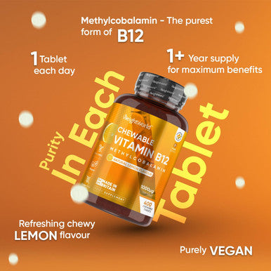 Weightworld Vitamin B12 High Strength 1000mcg - 1+ Year Supply - 400 Chewable & Vegan Vitamin B12 Tablets - Sugar- Methylcobalamin - Vit B12 Supplement for Tiredness & Fatigue - Lemon Flavour - Made in The UK