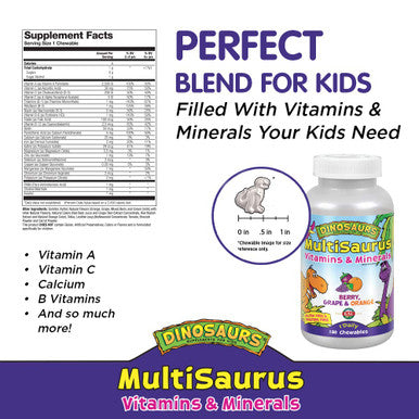 KAL Kids MultiSaurus Vitamins & Minerals | Berry, Grape & Orange Flavor | Childrens Daily Multivitamin | 180 Chewables