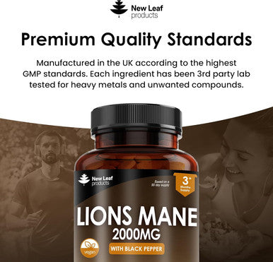 Lions Mane Mushroom Extract Supplement 2000Mg - 180 High Strength Vegan Tablets With Black Pepper - (Not Powder Or Capsules) Made In The Uk By Leaf Products