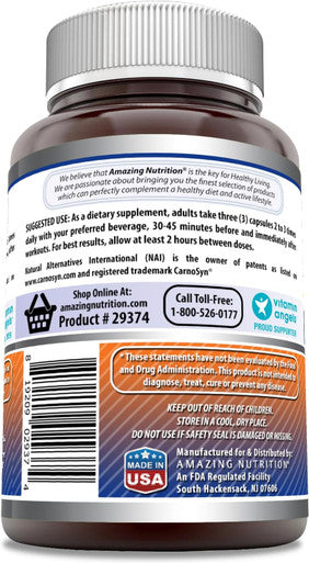 Amazing Nutrition Formulas Beta Alanine Supplement | 2250 Mg Per Serving | 120 Capsules | Non-GMO | Gluten- | Made in USA
