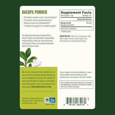 Banyan Botanicals Bacopa Powder Organic Bacopa Monnieri Supplement Nootropic Herb Focus and Concentration Supplements* lb