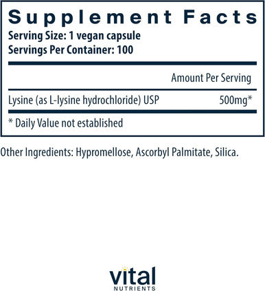 Vital Nutrients Lysine | Lysine Supplement Supports Healthy Lip and Oral Tissue | Immune Support Supplement Promotes Calcium Absorption | Gluten Dairy Soy | Non-GMO | 100 Capsules