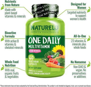 Naturelo One Daily Multivitamin For Women - Energy Support - Whole Food Supplement To Nourish Hair, Skin, Nails - Non-Gmo - No Soy - Gluten - 60 Capsules - 2 Month Supply