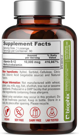 Biophix Methyl B-12 10000 Mcg 90 Vegan Lozenges Cherry Flavor Extra Strength - Supports Nervous System Immune Health Blood Flow Metabolism Brain Focus Energy