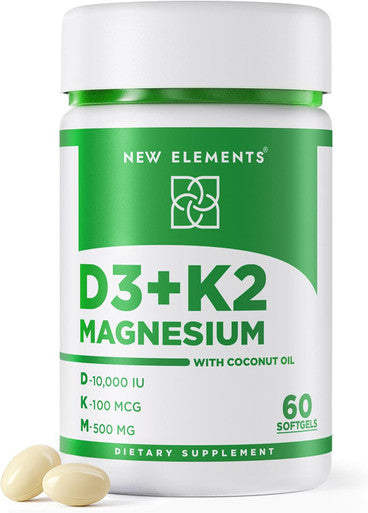 Elements Vitamin D3 K2 10,000 Iu With Magnesium Glycinate 500Mg - Bone Health, Immune Support, Energy & Mood - Non-Gmo, Gluten-, Sugar- Softgels For Women & Men (60 Softgels)