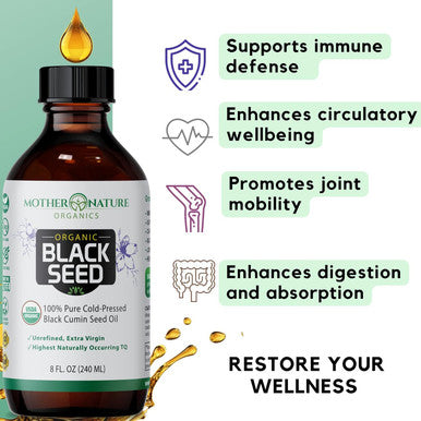 Mother Nature Organics Superfoods for Organic Living Usda Organic Black Seed Oil (8Oz) - Premium Cold-Pressed, Non-Gmo, Unrefined, Vegan Nigella Sativa Oil. Potent For Digestive Health, Immune Support, Brain Function, And Joint Mobility.