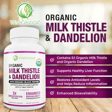 Max Absorption Usda Organic Milk Thistle Potent 5:1 Concentrated Extract (2000Mg Strength) & Organic Dandelion Root Silymarin Antioxidant Flavonoid Liver Support Supplement (60 Count (Pack Of 1))