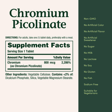Nature's Bounty Chromium Picolinate Supports Fat Protein & Sugar Metabolism Mineral Supplement 800 Mcg 50 Tablets