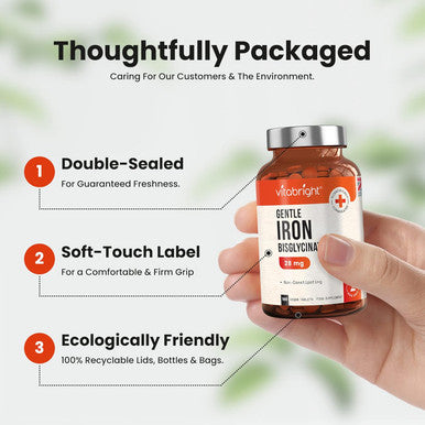 Vitabright Gentle Iron Tablets High Strength 28mg Vegan Iron Tablets Women & Men Chelated (Organic) Iron Supplements for Women & Teens Energy Tablets for Tiredness VitaBright Strong Iron Bisglycinate