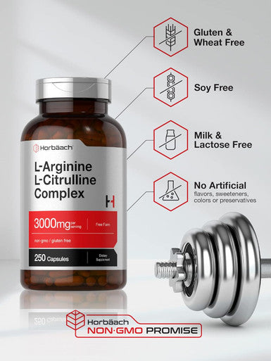 HorbAach L Arginine L Citrulline Complex 3000Mg 250 Capsules Non Gmo Gluten Supplement