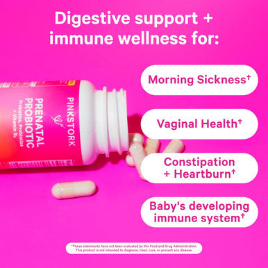 Pink Stork Prenatal Probiotics for Women with Vitamin B6 and Prebiotics - Morning Sickness Gut Microbiome and Immune Support - Pregnancy Probiotic - Pregnancy Must Haves 30 Capsules