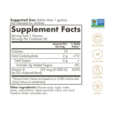 Solgar Vitamin D3 Gummies For Adults 5 000Iu Ultra Potency Vitamin Immune System Support For Women & Men - Tasty Strawberry Flavor Gluten & Gelatin Free Gummy 2 Month Supply 60 Servings 2G Sugar