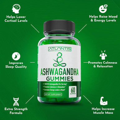 Atlantis Nutrition Ashwagandha Gummies - 1500 Mg Per Serving - Promotes Calmness, Improves Mood, Boosts Energy Levels & Strengthens Immune System - Formulated With Vitamin D & Zinc - Vegan Ashwagandha Gummies 60 Count