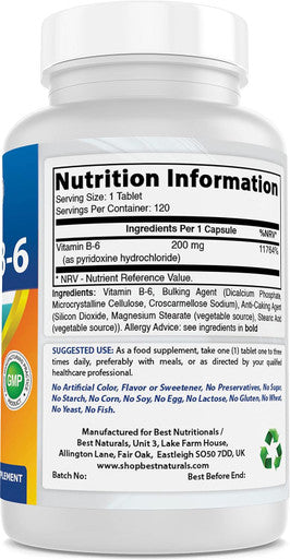 Best Naturals Vitamin b6 200mg for Adults 120 Tablets (120 Count (Pack of 1))