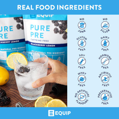 Equip Foods Pure Pre All Natural Pre-Workout Powder | Caffeine Free EAA Vitamin C B6 B12 L-carnitine Agnine | Naturally Boosts Workouts | 30 Servings BlackBerry Lemon Decaffeinated