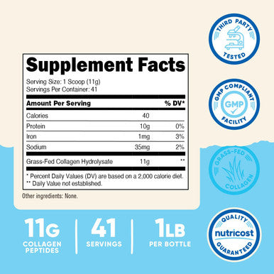 Nutricost Grass Fed Collagen Powder 1LB 454 G Grass Fed Bovine Collagen Hydrolysate (Unflavored) Collagen Peptides