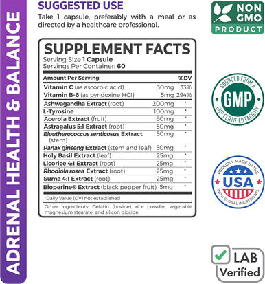 Adrenal Support Cortisol Manager NonGMO Powerful Adrenal Health with LTyrosine Ashwagandha Maintain Balanced Cortisol Levels Stress Relief Fatigue Supplement 60 Capsules