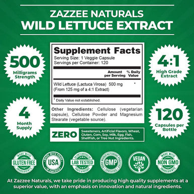 Zazzee Extra Strength Wild Lettuce 4:1 Extract, 500 Mg Strength, 120 Vegan Capsules, Potent Lactuca Virosa Variety, Standardized