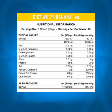 Applied Nutrition Diet Whey Protein Powder High Protein Low Carb Low Sugar Weight Loss with CLA L Carnitine Green Tea High PhD Supplement 1kg - 40 Servings (Banana Milkshake)