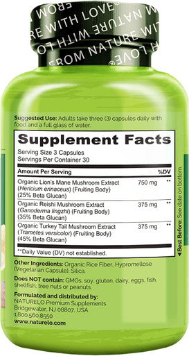NATURELO Mushroom Supplement Ãƒâ€šÃ¢â‚¬â€œ Brain & Immune Health Blend with LionÃƒâ€šÃ¢â‚¬â„¢s Mane, Reishi, Turkey Tail Ãƒâ€šÃ¢â‚¬â€œ 90 Vegan Friendly Capsules
