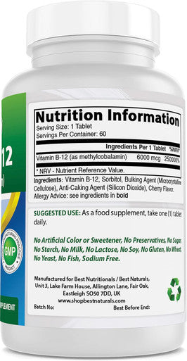 Best Naturals Vitamin B-12 as Methylcobalamin (Methyl B12) 6000 mcg Tablet 60 Count