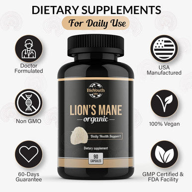Bioyouth Organic Lions Mane Capsules Dietary Supplement Premium Organic Lions Mane Mushroom Extract | 90 Capsules