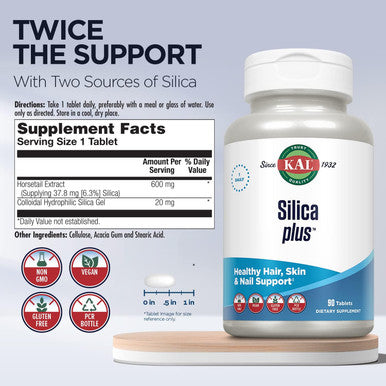 Kal Silica Plus, Silica Gel With Horsetail Extract, Healthy Hair, Skin & Nails Support, Maximum Absorption, Vibrant Hair, Glowing Skin Supplement, Vegan, Gluten Free, 90 Serv, 90 Quick Dissolve Tabs