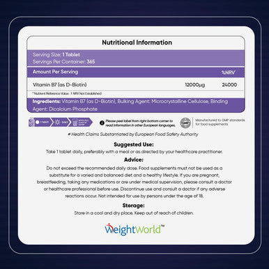 Weightworld Biotin Hair Growth Supplement 12000mcg - 365 Vegan Biotin Tablets (1 Year Supply) Hair Skin and Nails Vitamins for Women and Men High Absorption D-Biotin - Hair Growth Vitamins (Not Biotin Gummies)