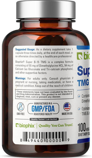 Biophix Super B-15 100 Vcaps - Niacin Calcium Choline Inositol Dmg Tmg - Supports Healthy Oxygen Energy Levels