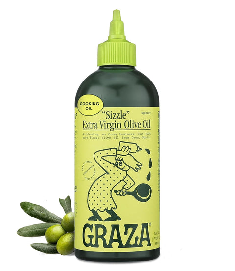 Graza Sizzle Extra Virgin Olive Oil, Cooking Oil - High Polyphenol Peak Harvest EVOO Cooking Oil in a Squeeze Bottle - Single Origin Olive Oils from Spain - 25.3 Fl Oz (750ml)