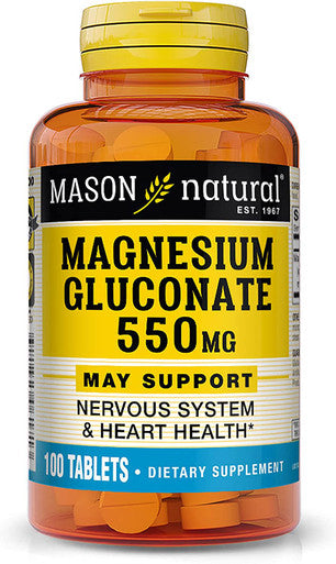 Mason Natural Magnesium Gluconate 550 mg - Healthy Heart and Nervous System, Improved Muscle Function and Blood Pressure Levels, 100 Tablets