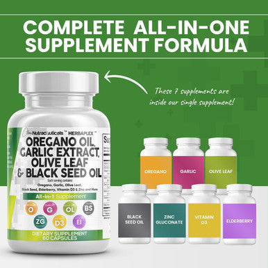 Clean Nutraceuticals Oregano Oil Garlic Extract Olive Leaf Black Seed Oil - Immune Support & Digestive Health Supplement For Women And Men With Vitamin D3 & Zinc - 1Pack