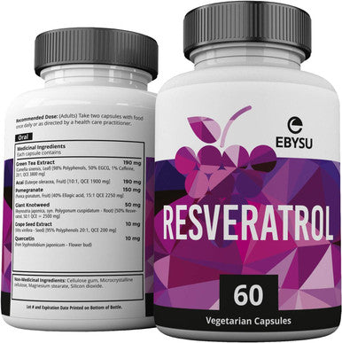 EBYSU Resveratrol - Antioxidant Supplement - Pomegranate, Green Tea, Quercetin, Grape Seed Extract and Acai - 60 Vegan Capsules