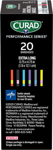 Curad Performance Series IRONMAN Antibacterial Bandages Extreme Hold Adhesive Technology Extra Long Flexible Fabric Bandages for Cuts Scrapes & Burns Assorted Colors 0.75 x 4.75 inches 20 Count