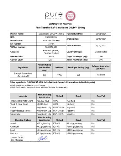 Pure TheraPro Rx S Acetyl Glutathione Gold 100mg Made in USA 4 Month Supply Acid Resistant Capsules Patented Acetylated Form of Glutathione Zero Fillers Pharmaceutical Grade Non GMO