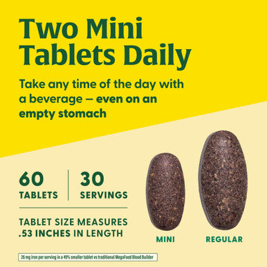 MegaFood Blood Builder Minis - Iron Supplement Clinically Shown To Increase Iron Levels Without - Iron With Vitamin C Vitamin B12 & Folic Acid - Vegan - 60 Tablets (30 Servings)
