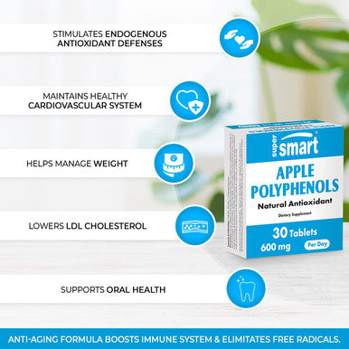 Supersmart Apple Polyphenols 600 mg Per Day Apple Extract Standardized to 80 Polyphenols 5 Phloridzin Natural Supplement for Longevity Anti Aging NonGMO Gluten Free 30 Tablets